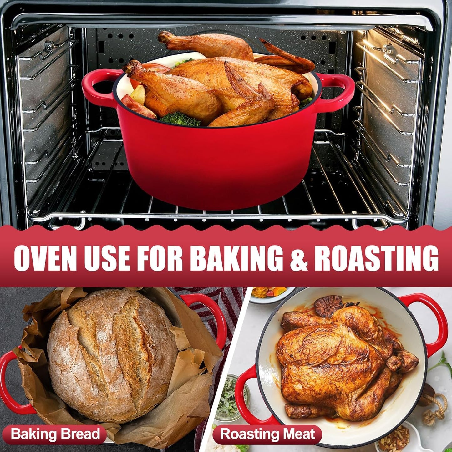 P&P CHEF 7QT Enameled Dutch Oven, Cast Iron Dutch Oven Pot with Lid for Bread Baking, Enameled Casserole Pot for Roasting Braising Stewing Frying Simmering, Various Stoves & Easy Clean, Red