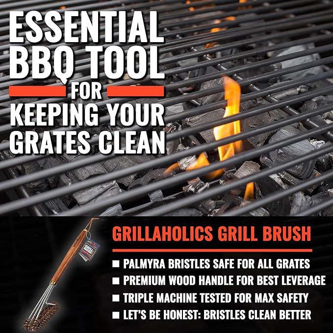 Grillaholics Pro Grill Brush Palmyra - Better Than a Bristle Free Grill Brush Natural Palmyra Bristle Brushes Clean Between The Grates and Season Your Grates