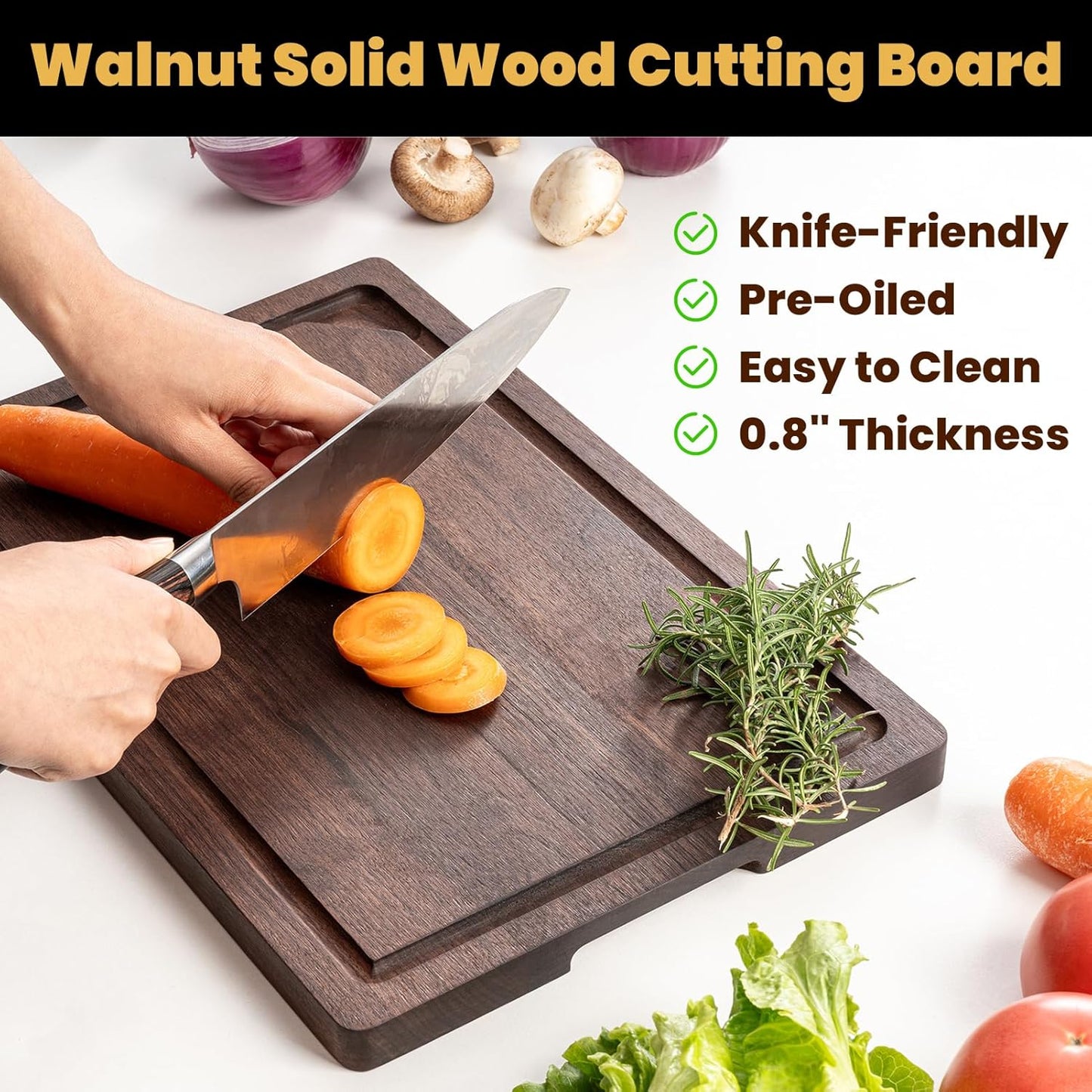 Heimlove Walnut Wood Cutting Board for Kitchen, 15x10 American Walnut Cutting Board Reversible Wooden Chopping Board With Juice Grooves and Handles, Ideal Gift for Valentine's Day, Wedding(Gift Box)