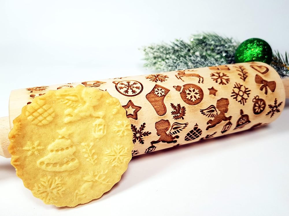 CHRISTMAS GIFTS EMBOSSING ROLLING PIN laser engraved with Christmas symbols CHRISTMAS GINGERBREAD COOKIES