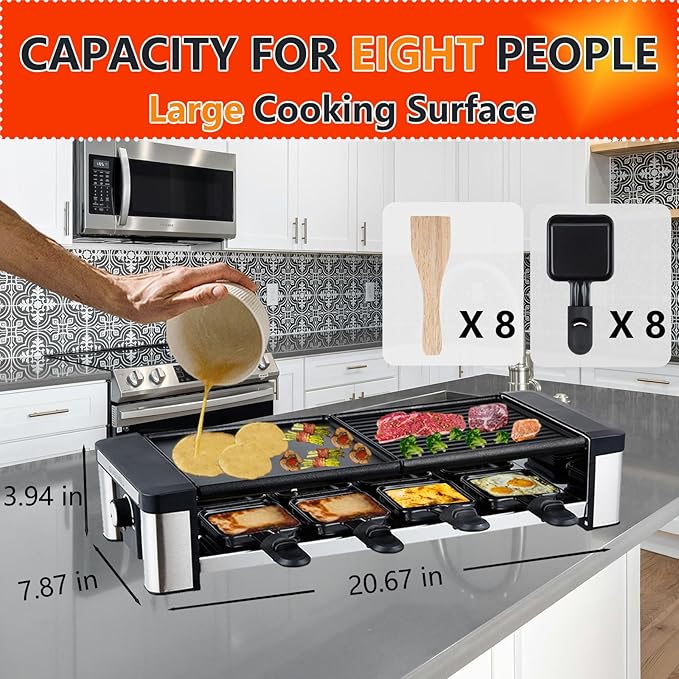 Raclette Grill, Electric Indoor Grill Table Portable, 2 in 1 BBQ Grill with Reversible Non-stick Plate and Stone, 1200W Fast Heating with 8 Cheese Melt Pans, Temperature Control
