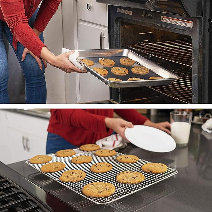 Ultra Cuisine Quarter Sheet Pan with Wire Rack Set - Includes Premium Aluminum Baking Sheet with 100% Stainless Steel Baking Rack, Dishwasher Safe Cookie Cooling Racks with 1/4 Pan Commercial Quality