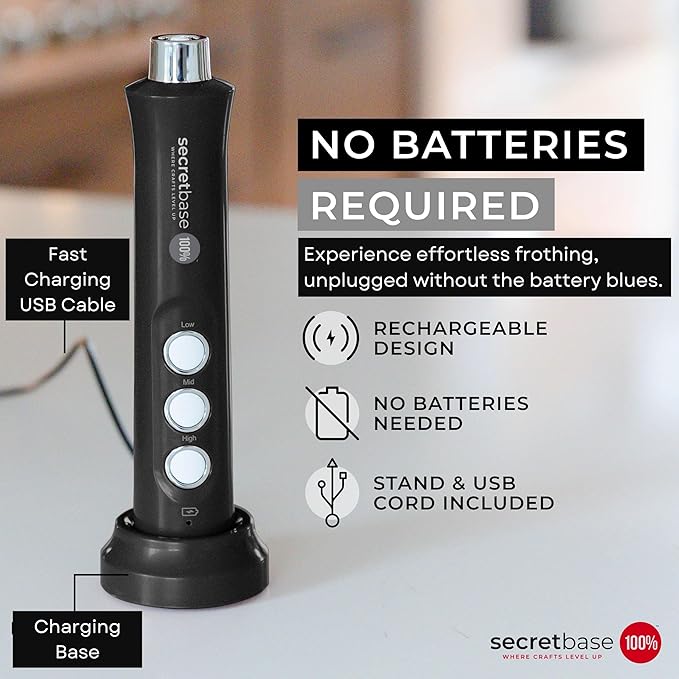 Secretbase 3 Speed Rechargeable Milk Frother Handheld, USB Charging Cradle - Stainless Steel Whisk for Bulletproof Coffee, Espresso Whipper, Mini Electric Stirrer (Black Frother without Pitcher)
