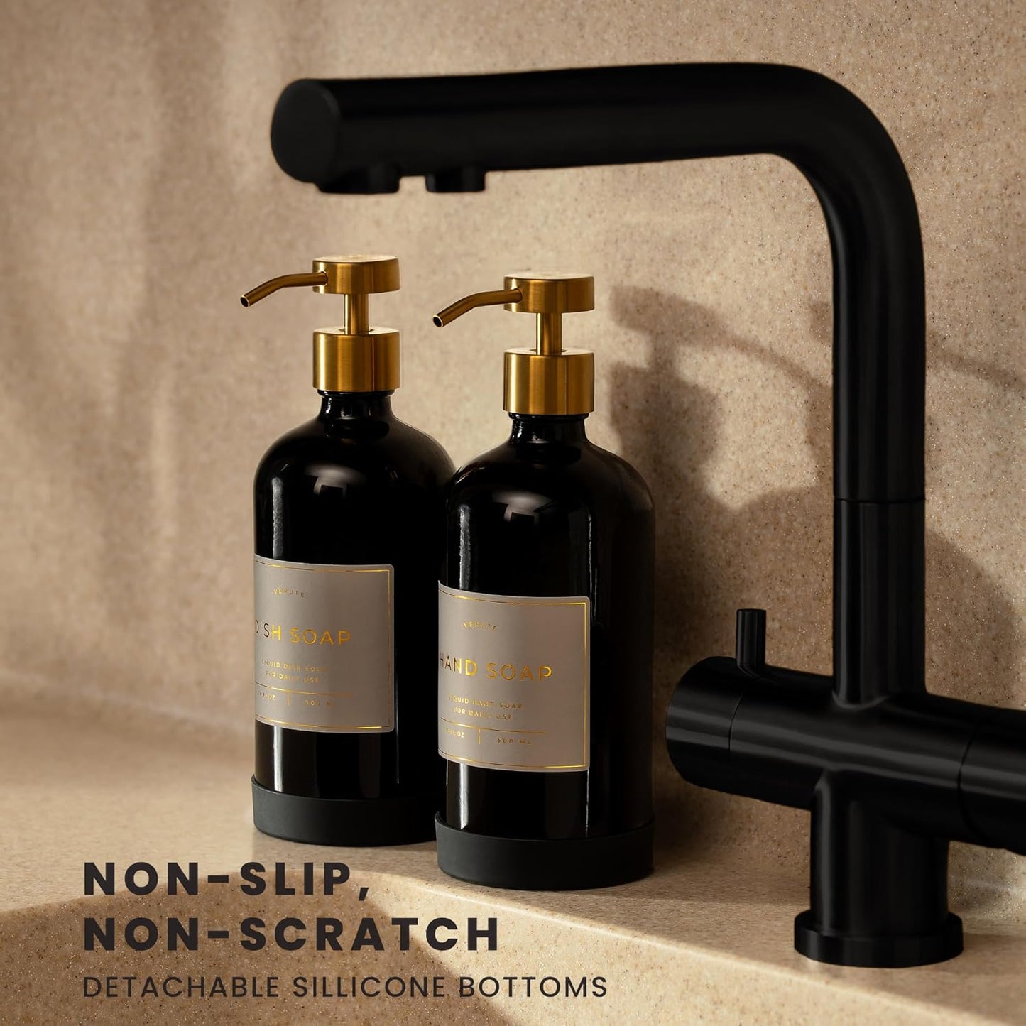 16oz Glass Soap Dispenser with Stainless Steel Pump, 21 Waterproof Labels, Non-Slip Protective Silicone Pad, Set of 2 for Bathroom & Kitchen (Gloss Black Bottle/Brushed Gold Pump)