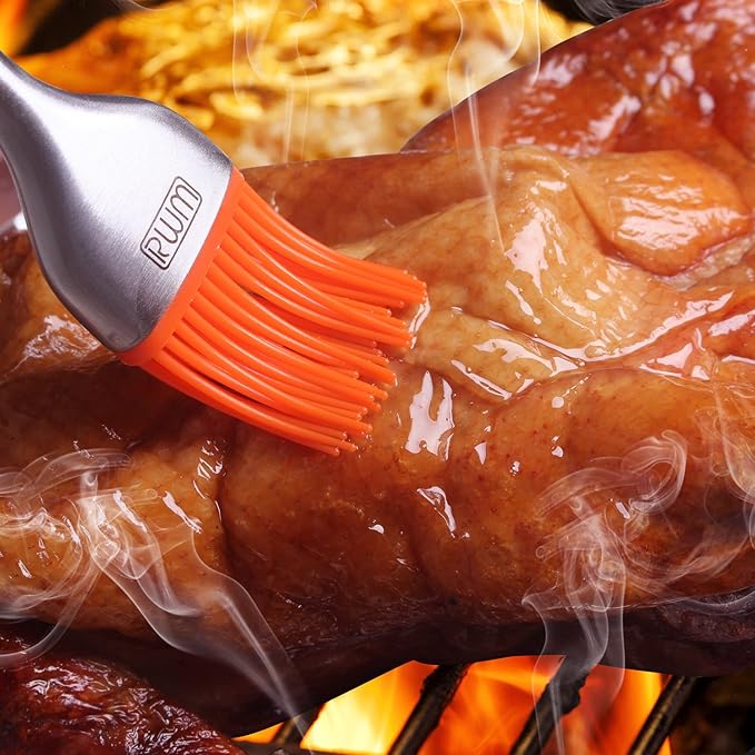 Basting Brush - Grilling BBQ Baking, Pastry and Oil Stainless Steel Brushes with Back up Silicone Brush Heads(Orange) for Kitchen Cooking & Marinating, Dishwasher