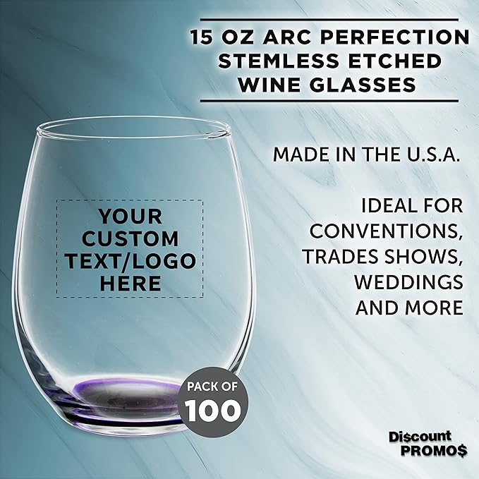 Custom Stemless Wine Glasses in Bulk by ARC Perfection, 15 oz, 100 pack, Personalized Text, Logo, Purple or White Wine Glass Set, Purple