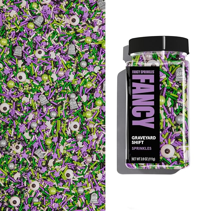 Fancy Sprinkles Limited Edition Halloween Graveyard Shift Purple and Green Crunchy Sprinkles, Plus Candy Eyeballs, Ghostly Confetti, and Eerie Tombstone Shapes (0.5c)