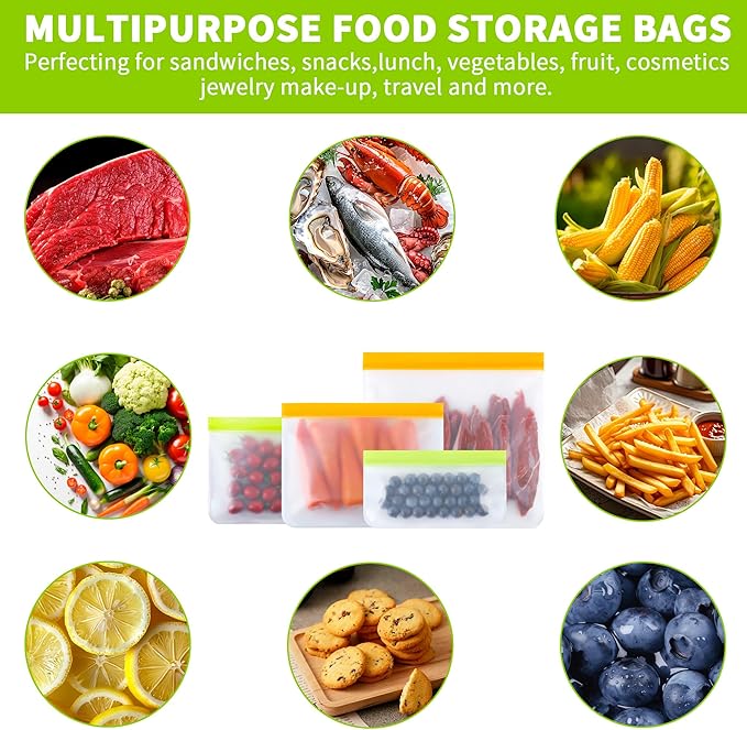 24 Pack Reusable Bags, Dishwasher Safe Silicone Food Storage Bag, 4 Sizes Leakproof Reusable Freezer Bags for Marinate Meats, Cereal, Vegetables, Home.