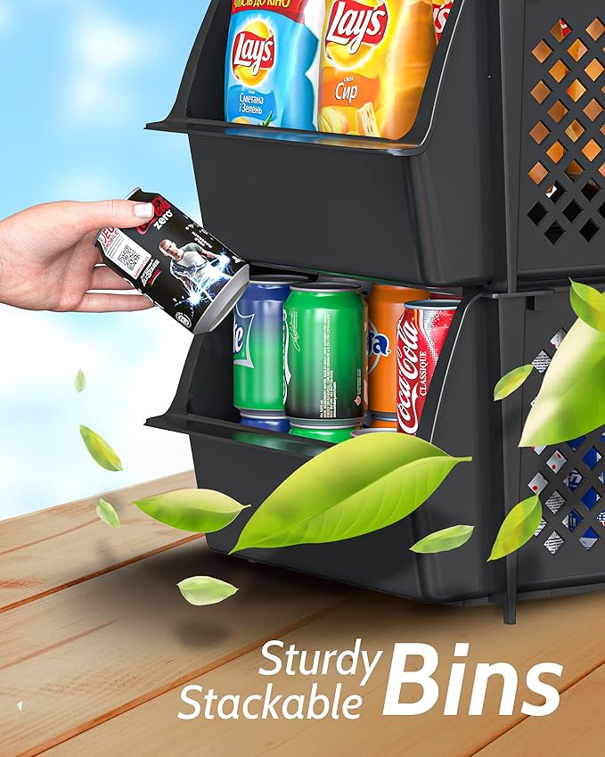 Skywin TidyFriend Stackable Storage Bins for Pantry, 4 Pack Stackable Bins For Organizing Food, Kitchen, and Bathroom Essentials (Black)