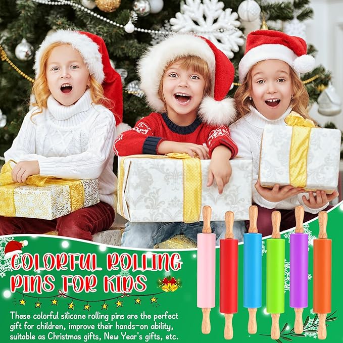 Dandat Small Rolling Pin Kids 12 Inch Mini Silicone Rolling Pin for Baking Non Stick Kids Dough Roller with Wooden Handle for Kitchen Cookie Pastry Fondant Cake 6 Colors(6 Pcs)