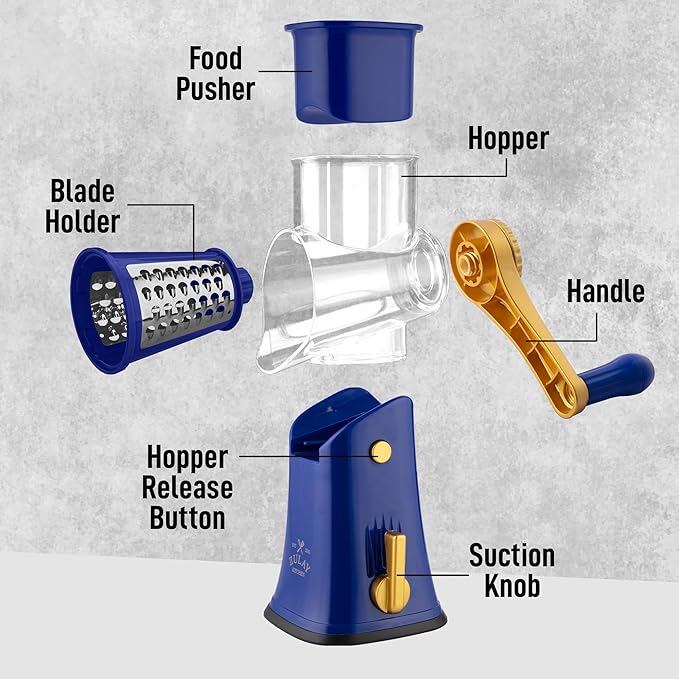 Zulay Kitchen Rotary Cheese Grater 5 Blade Cheese Shredder - Manual Hand Crank Cheese Grater With Reinforced Suction & 5 Interchangeable Drums - Easy to Use, Vegetable Chopper Round Mandoline Slicer