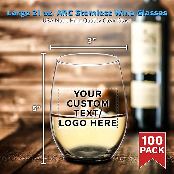 DISCOUNT PROMOS 100 ARC Stemless Wine Glasses Set, 21 oz. - Customizable Text, Logo - Chardonnay, Cabernet, Merlot, Sauvignon - Black