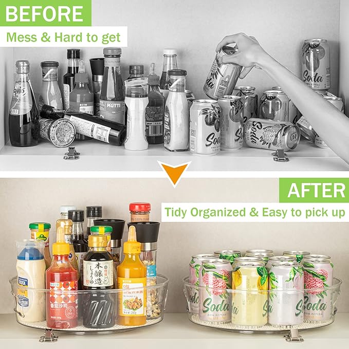 4 Pack Lazy Susan Organizer for Cabinet with Handle, 12“ inch Clear Spinning Storage Lazy Susan Turntable for Pantry, Kitchen Sink, Fridge, Bathroom, Countertop, Non-Skid Liners Included, Round