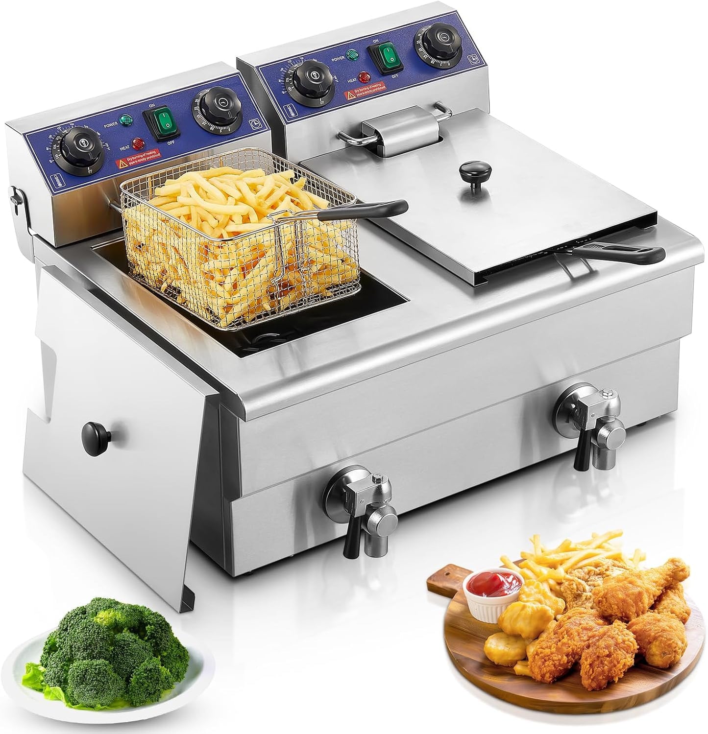 FOHERE Commercial Deep Fryer with Basket and Lid, 23.3Qt/22L Electric Deep Fryer with Oil Filtration, Time & Temp Control, 3000W Stainless Steel Deep Fryer Countertop for Kitchen Restaurant