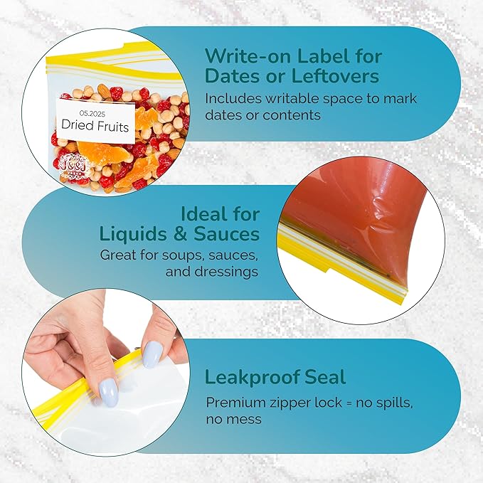 J&&J Fresh Storage Snack Bags, 50 Pack — Reusable Snack Bags, BPA-Free, Leakproof — Expandable Bottom, Microwave-Safe, Strong Zipper Lock Seal — Snack Bag for Freezer & Fridge — Durable & Washable