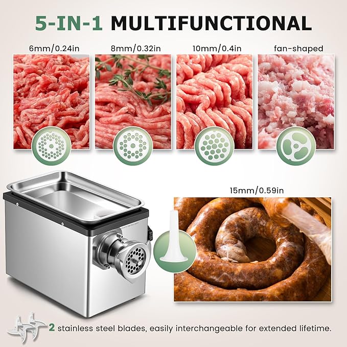 Huanyu Electric Meat Grinder 1100W Stainless Steel Meat Grinder Heavy Duty with 2 Blades 4 Plates Commercial Grinders for Restaurants, Butcher Shops 110V 1.5HP