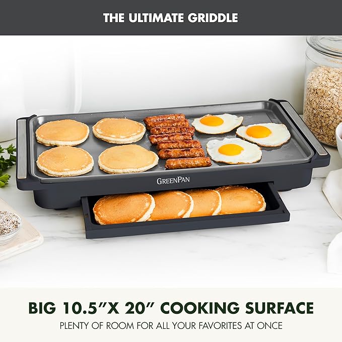 GreenPan Advanced 10.5”x 20” Electric Griddle with Warming Drawer, Healthy Ceramic Nonstick PFAS-Free Coating, Temperature Control, Easy and Versatile Countertop Meals, Dishwasher Safe, Graphite
