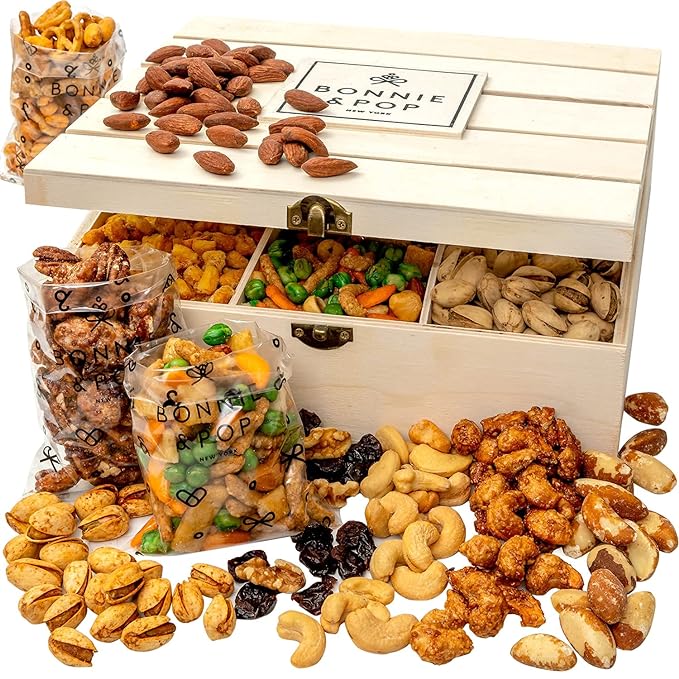 BONNIE AND POP - Nut Gift Basket | Healthy Gift of Assorted Nuts in Reusable Wood Crate | Large Variety Tray with Unique Flavors | Parties, Holidays, Birthday, Sympathy, Office, Thank You, Him, Her | Bonnie & Pop