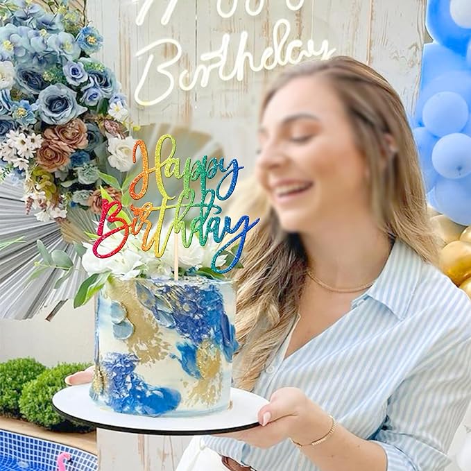 ZHUOWEISM 1 PCS Happy Birthday Cake Topper Glitter Happy Birthday Cake Pick for Celebrating Happy Birthday Anniversary Theme Party Cake Decorations Supplies Colorful