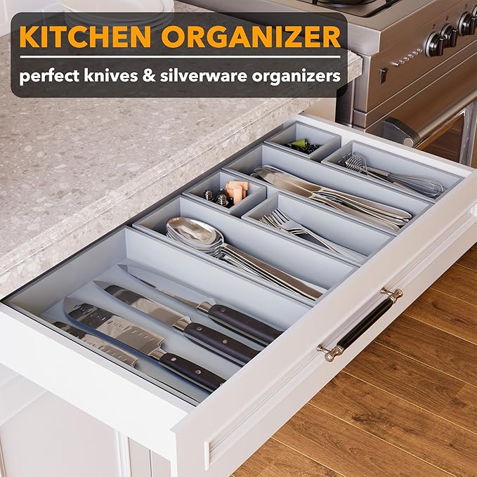 SpaceAid 7-Piece Bamboo Drawer Organizer Storage Boxes Set, Wood Tray Junk Drawer Organizers Multi-Use Divider Bins for Kitchen, Bathroom, Office Desk and Makeup Organization (7 Pack, Gray)