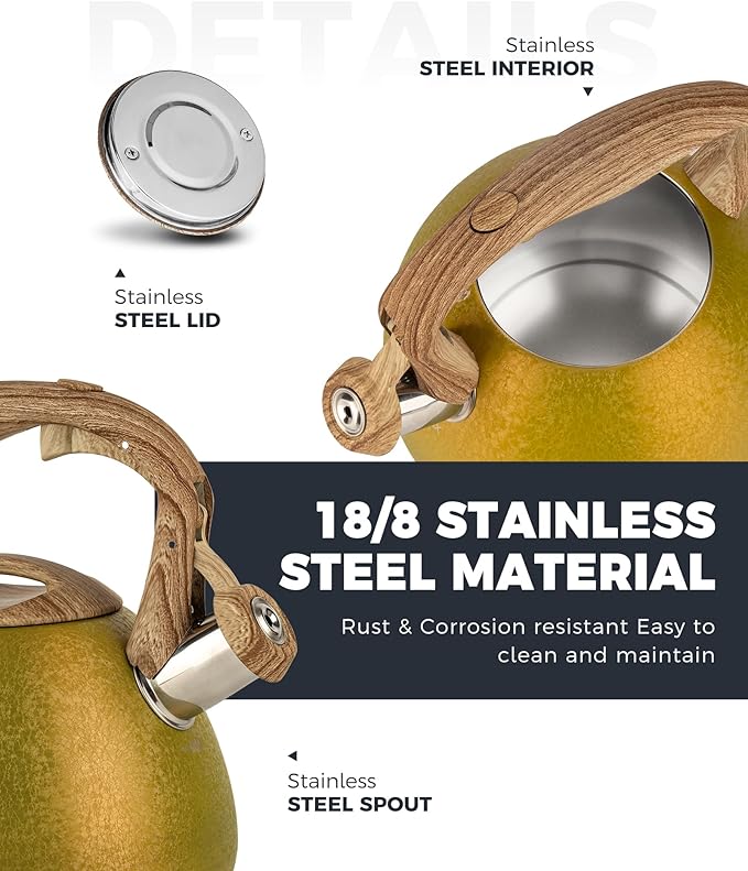 POLIVIAR Tea Kettle, 2.7 Quart Stovetop Tea Kettle, Audible Whistling Teapot with Crackle Finish, Food Grade Stainless Steel for Anti-Rust, Anti Hot Handle, Suitable for All Heat Sources (JX2023-LRY)
