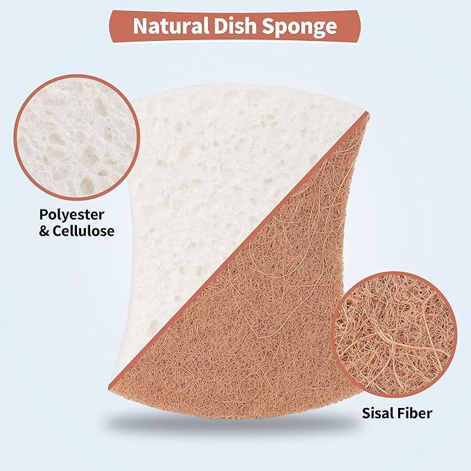 HOMERHYME Natural Dish Sponge 24 Pack, Non-Scratch Scrub Sponge, Eco Multipurpose Kitchen Sisal Fiber Cellulose Sponge, Odor-Less Dual-Sided for Dish Washing & Household Cleaning