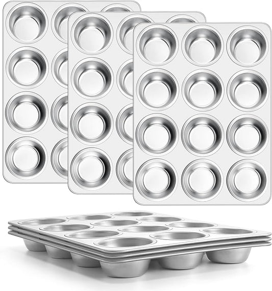 E-far Stainless Steel Muffin Pan Set of 6, 12 Cups Cupcake Pans Tins for Baking, Non-Toxic Metal Muffin Tray Molds for Small Mini Cupcake, Heavy Duty & Regular Size, Rust Free & Dishwasher Safe