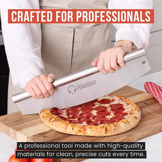 Chef Pomodoro 16 Inch Pizza Cutter Rocker Blade – Stainless Steel Rocking Pizza Cutter Knife with Cover – Professional Pizza Slicer – Large Pizza Rocker Knife for Big Pizzas and Flatbreads