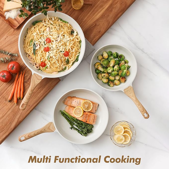 SENSARTE Nonstick Frying Pan Skillets, White Ceramic Coating Omelette Pans, Healthy Cookware Chef's Pan, Free of Intentionally Added PTFE & PFAS (9.5+11+12.5 Inch)