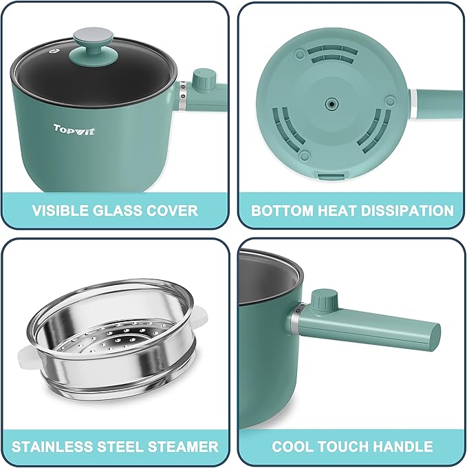 Topwit Hot Pot Electric with Steamer, 1.5L Ramen Cooker, Non-Stick Frying Pan, Electric Pot for Pasta, BPA Free, Electric Cooker with Dual Power Control, Over-Heating & Boil Dry Protection, Green