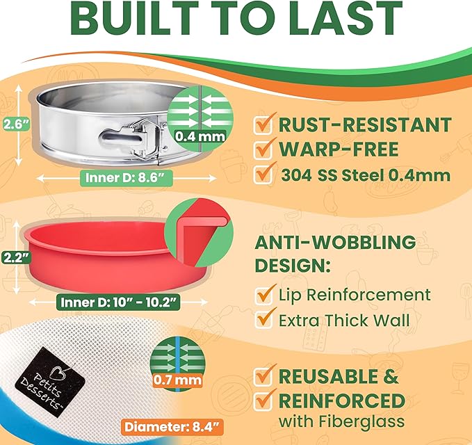 Cheese Cake Pans for Baking - NON TOXIC 9 Inch Spring Form Pan for Cheesecake with LEAKPROOF SILICONE PROTECTOR - STAINLESS STEEL 9 Inch Springform Pan for Cheesecake WATER BATH