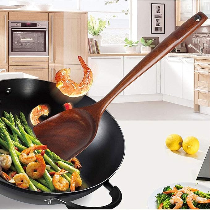 FJNATINH Wooden Wok Spatula Ladle Tool Set, 14-inch Long Handle Teak Wok Spatula