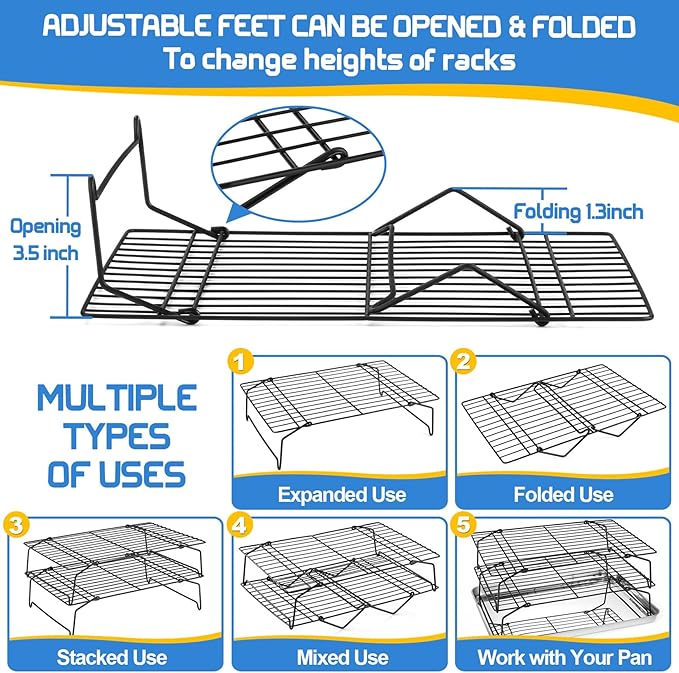 P&P CHEF 4-Tier Cooling Rack Set, Stainless Steel Stackable Baking Cooking Racks for Cooling Roasting Cooking, Raised & Folding Feet, Oven Safe & Easy Clean, 15" x 10", Black