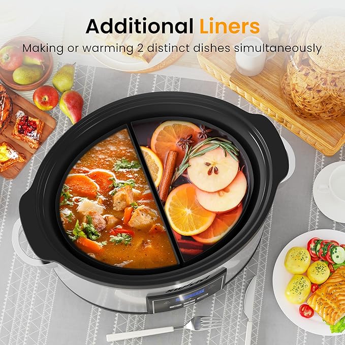 Sunvivi 6 Quart Programmable Slow Cooker with 2 in 1 Silicone Liners, Multi-Cooker Food Warmer with Digital Timer, Adjustable Tempature Control, Dishwasher Safe Parts, Silver