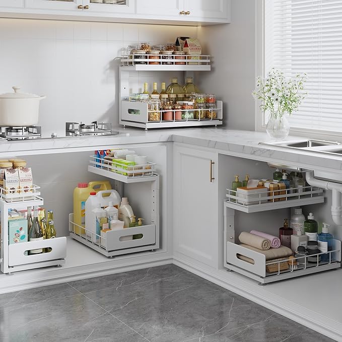 1 Pack Under Sink Organizer Upgrade To Professional Rails,2-Tier Dual Pull Out Cabinet Storage,Height Adjustable Slide Out Drawers For Bathroom Kitchen,Under Sink Shelf-White