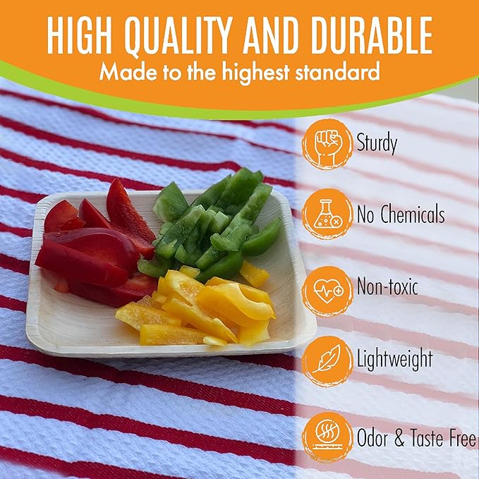 Raj Palm Leaf Plates [200-Pack] 6" Square Plates like Bamboo plates Disposable, Strong, Decorative Compostable Tableware for wedding, Lunch, Dinner, Birthday, Camping, Outdoor BBQ, Picnic