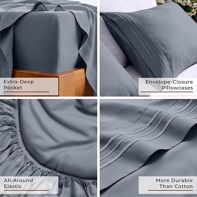 Mellanni Split King Sheets Set - 5 PC Iconic Collection Bedding - Hotel Luxury, Extra Soft, Cooling Bed Sheets - Wrinkle, Fade, Stain Resistant (Split King, Mineral Gray)