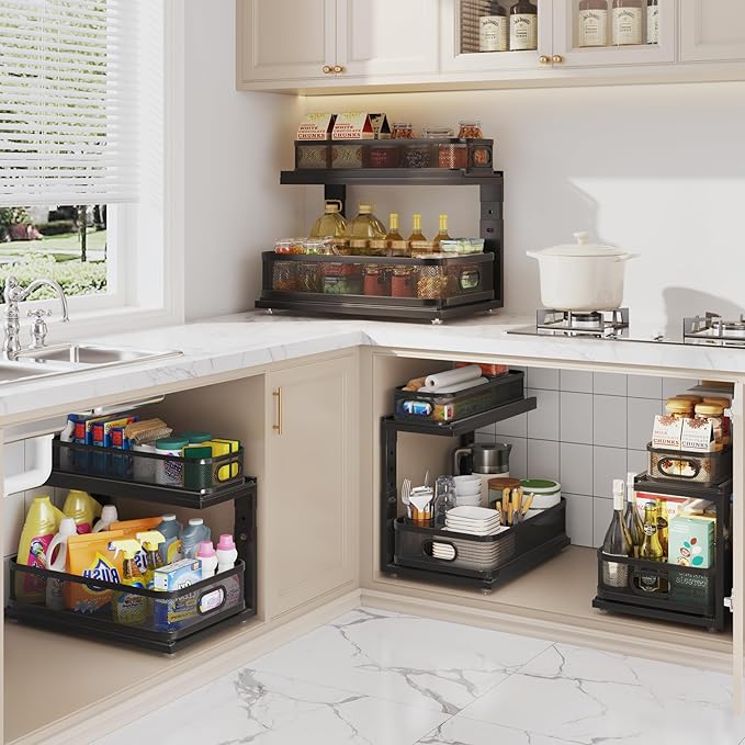 2 Pack 18.5IN-Depth Under Sink Organizer With Next-Gen Ball-Bearing Slides,2-Tier Precision Mesh Pull Out Cabinet Storage for Bathroom&Kitchen,Height Adjustable Drawers Shelf,Anti-rust-Black