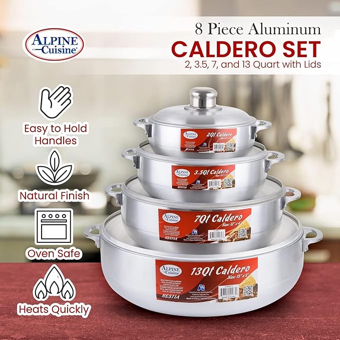 Alpine Cuisine 8-Piece Nonstick Aluminum Caldero Set for Stews, Soups & Rice | 2, 3.5, 7, 13 Qt, Silver