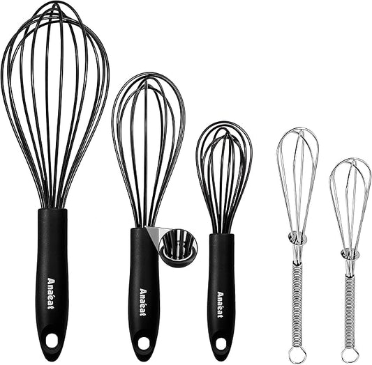 Anaeat Kitchen Whisk Set of 5, Perfect for Non-Stick Cookware, Egg Beater Milk Blender for Whisking, Cooking, Baking - 5"+7" Mini Wire Whisk and 8.5''+10.5''+12'' Silicone Balloon Whisks (Black)