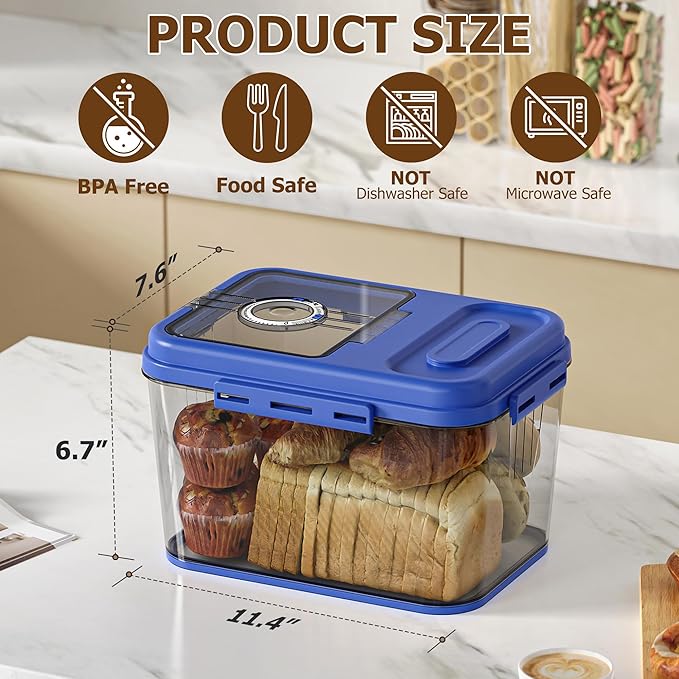 Bread Box For Kitchen Countertop, Airtight Bread Storage Container, Bread Keeper For Homemade Bread, Cookies, Cereal, Fruits, Large Blue.