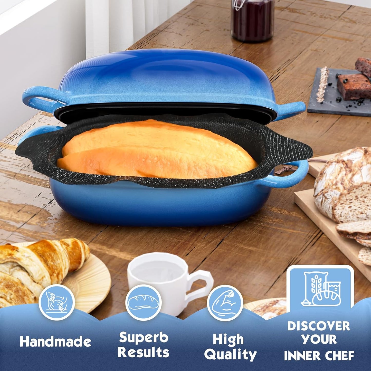 Dutch Oven for Bread Baking - 2.5QT Bread Pans for Homemade Bread with Perforated Non-Stick Silicone Liner Cast Iron Bread Pan Dutch Oven Loaf Pan with Lid and Loop Handles for Homemade Breadmaking