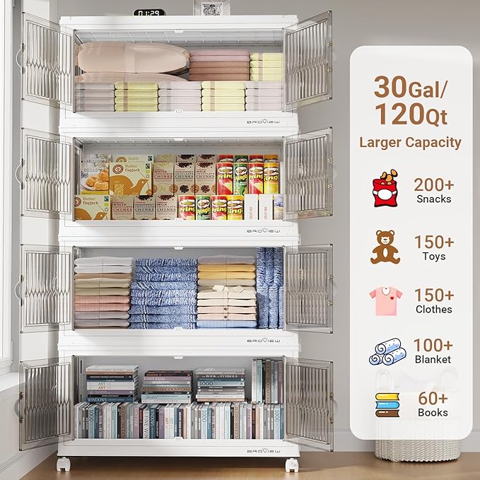 600QT Large Stackable Storage Bins with Lids, Plastic Closet Organizer and Storage Drawer, Collapsible Storage Box with Wheels, Folding Storage Cabinet with Doors for Home Kitchen, 5Pack White