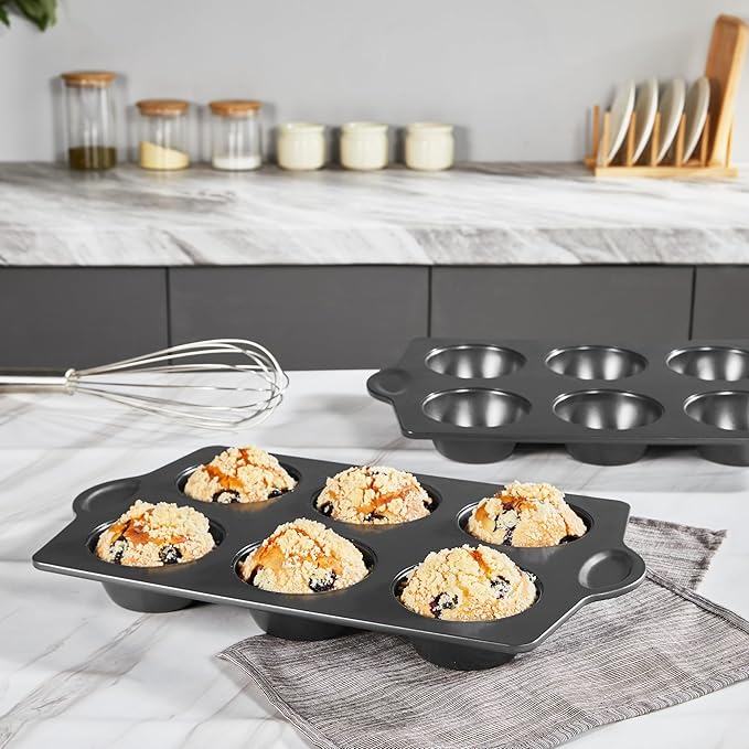 HONGBAKE Nonstick Jumbo Muffin Pan, 2 Pack Large Cupcake Tin for Baking, Cup Cake Tray, 3.5dia, 6 Cup, Premium, Extra Thick, Dishwasher Safe