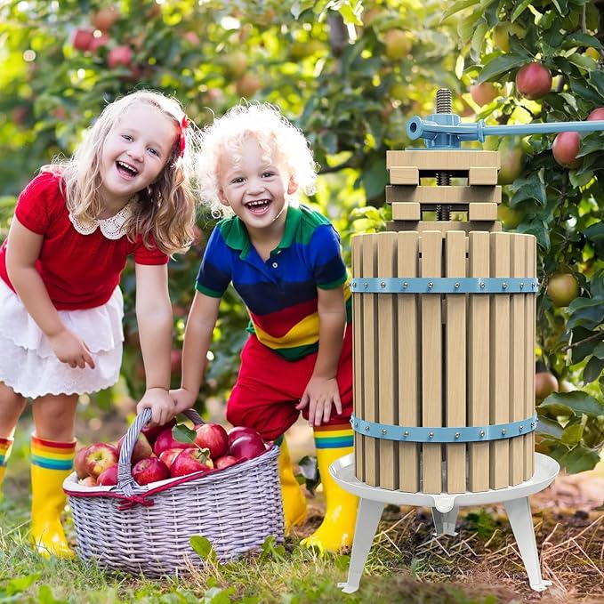SQUEEZE master Fruit Apple Cider Wine Classic Press-Blue-4.75 Gallon/18L-Solid Wood Basket-Vintage traditional juicer-Pole Handle Bar for Juice,Wine,Cider-1 free filter bag included
