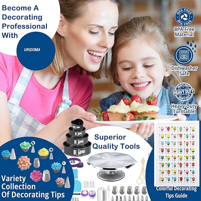 204 PCS Cake Decorating Kit, Aluminum Rotating Turntable Stand, Baking Supplies Kit Set with 4 Springform Pan Sets, 55 Icing Piping Nozzles, Cake Topper, Icing Spatula, Scraper, Pro Baking Tools