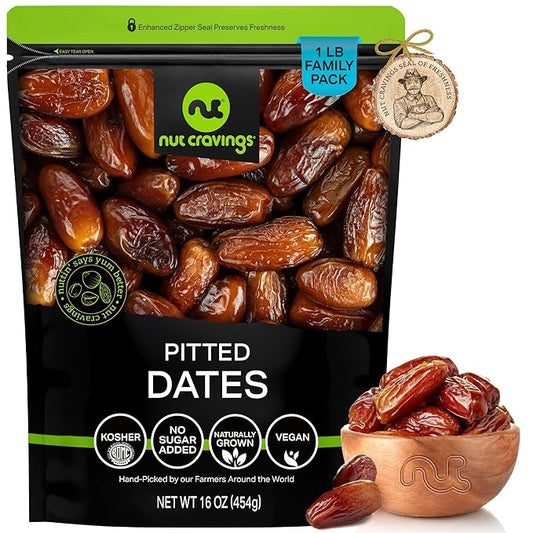 NUT CRAVINGS - Sun Dried Deglet Noor Dates Pitted, No Sugar Added (16oz, 1 LB) Bulk Dry Fruits Packed Fresh in Resealable Bag - Sweet Healthy Snack, Naturally Grown, Vegan, Kosher