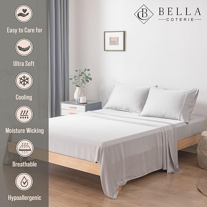 Bella Coterie Luxury Bamboo Viscose Full Size Sheet Set | 100% Organically Grown | Ultra Soft | Cooling for Hot Sleepers | 18" Deep Pocket [Grey Mist]