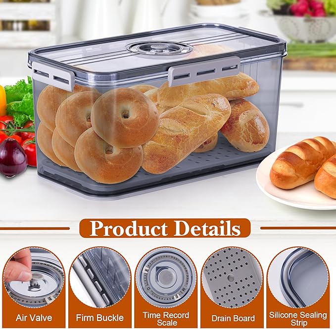 Bread Box for Homemade Bread Boxes for Kitchen Counter Airtight, Time Recording Bread Storage Container with Lid, Bread Containers Storage Airtight Loaf Bread Keeper, Grey