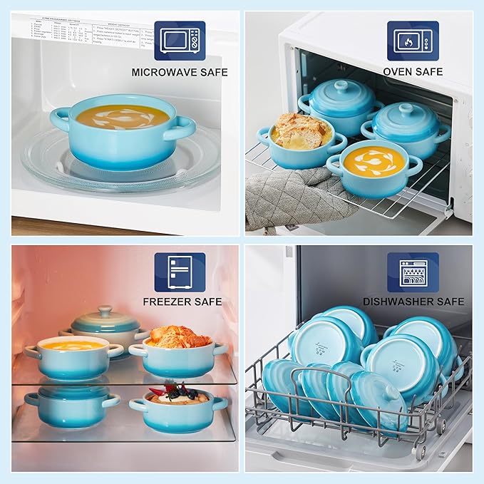 LOVECASA Mini Cocotte Set, 12 OZ Small Casserole Dishes with Lids, Soup Bowls With Handles, Individual Ramekins, Oven, Microwave & Dishwasher Safe, Set of 4, Blue